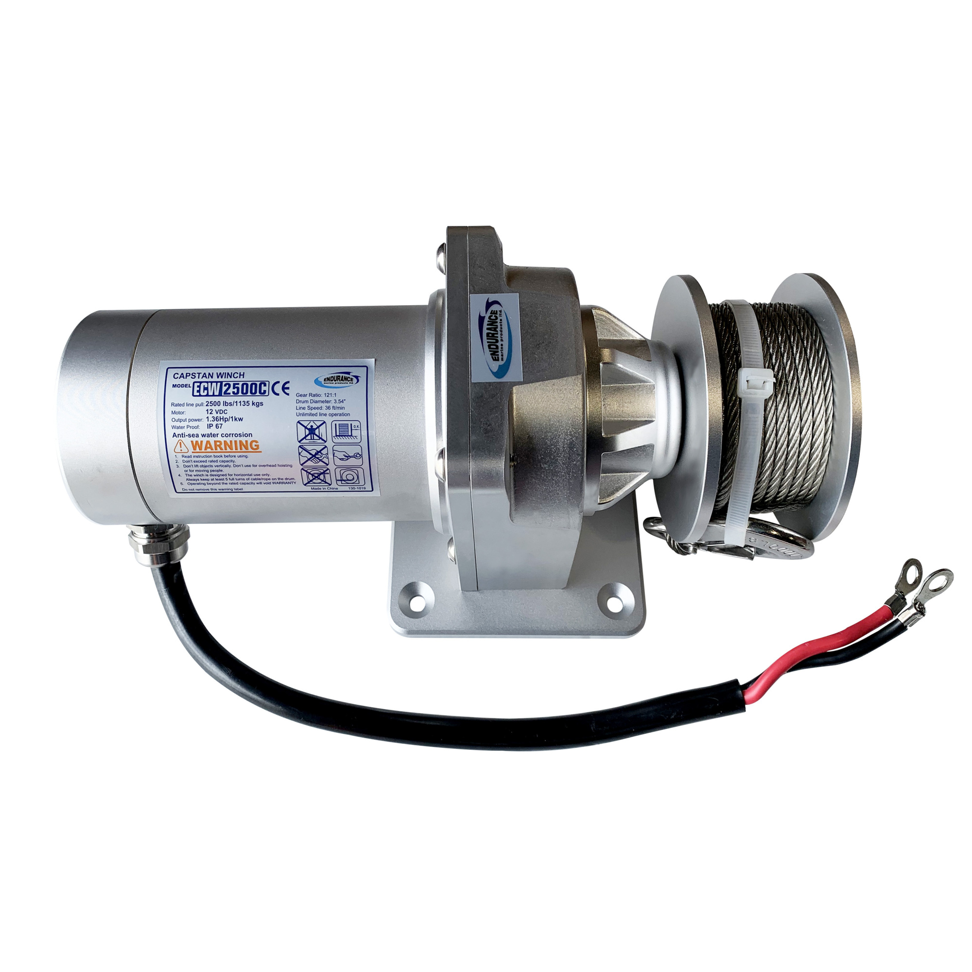 Endurance Marine, Waterproof 2.2HP Motor Winch, Capacity (Line Pull) 2500 lb, Volts 12 Max. Amps 190 Model# ECW2500C